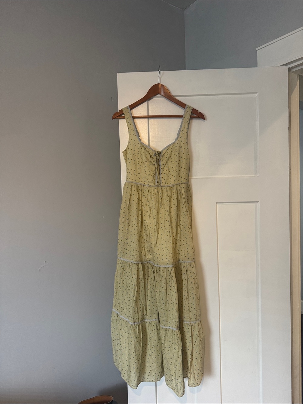 Christy Dawn Sage Green Tiered Maxi Dress with Tie Front